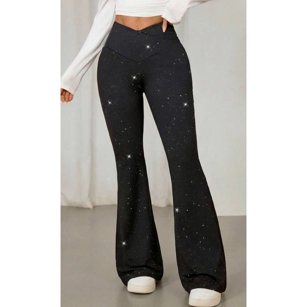 Shein Curve Black High-Waisted Glitter Flare Pants Polyester Stretch & Curve 0X